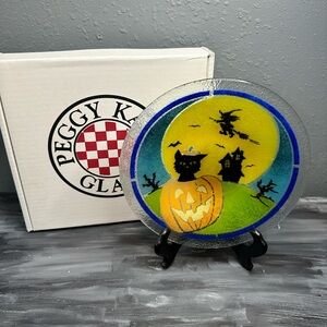 Peggy Karr fused glass 8.5 inch BOO art glass round bowl flying witch signed